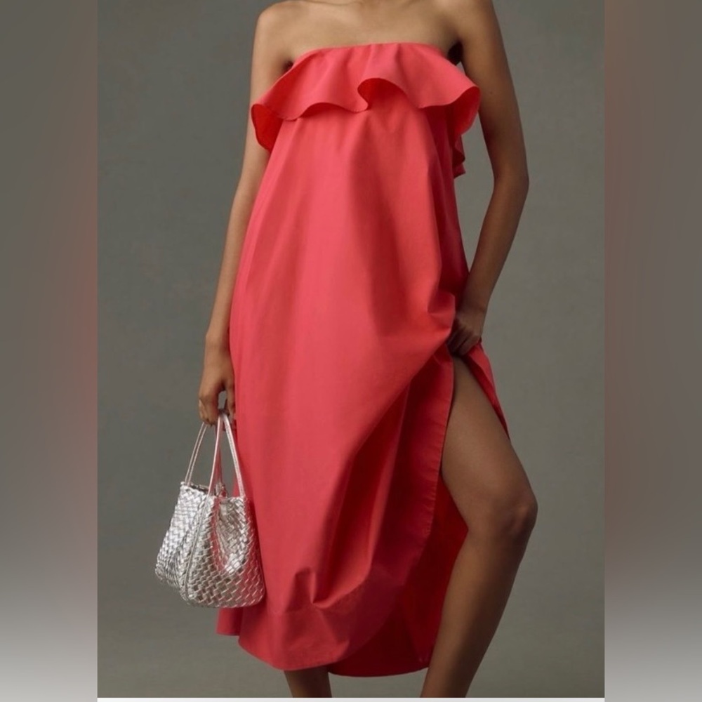 Anthropologie Strapless Ruffle Coral Pink Midi Dress NWT